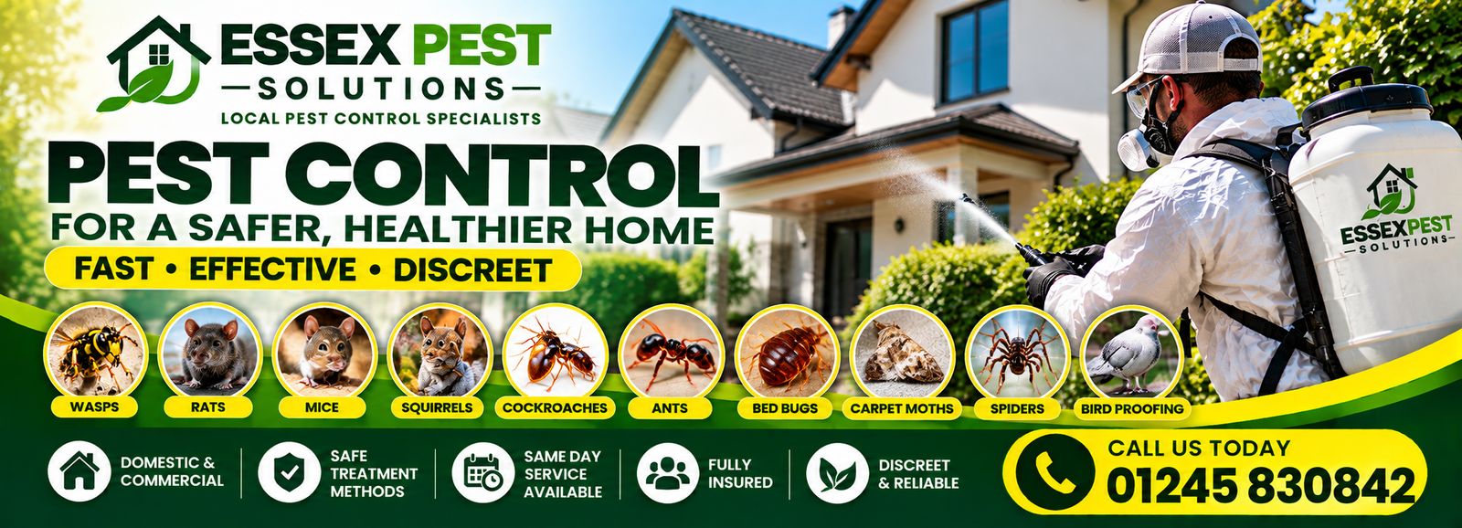 Essex Pest Solutions: local pest control specialists across Essex. Wasps, rats, mice, cockroaches, bed bugs, ants, fleas, flies, squirrels, moths and spiders.